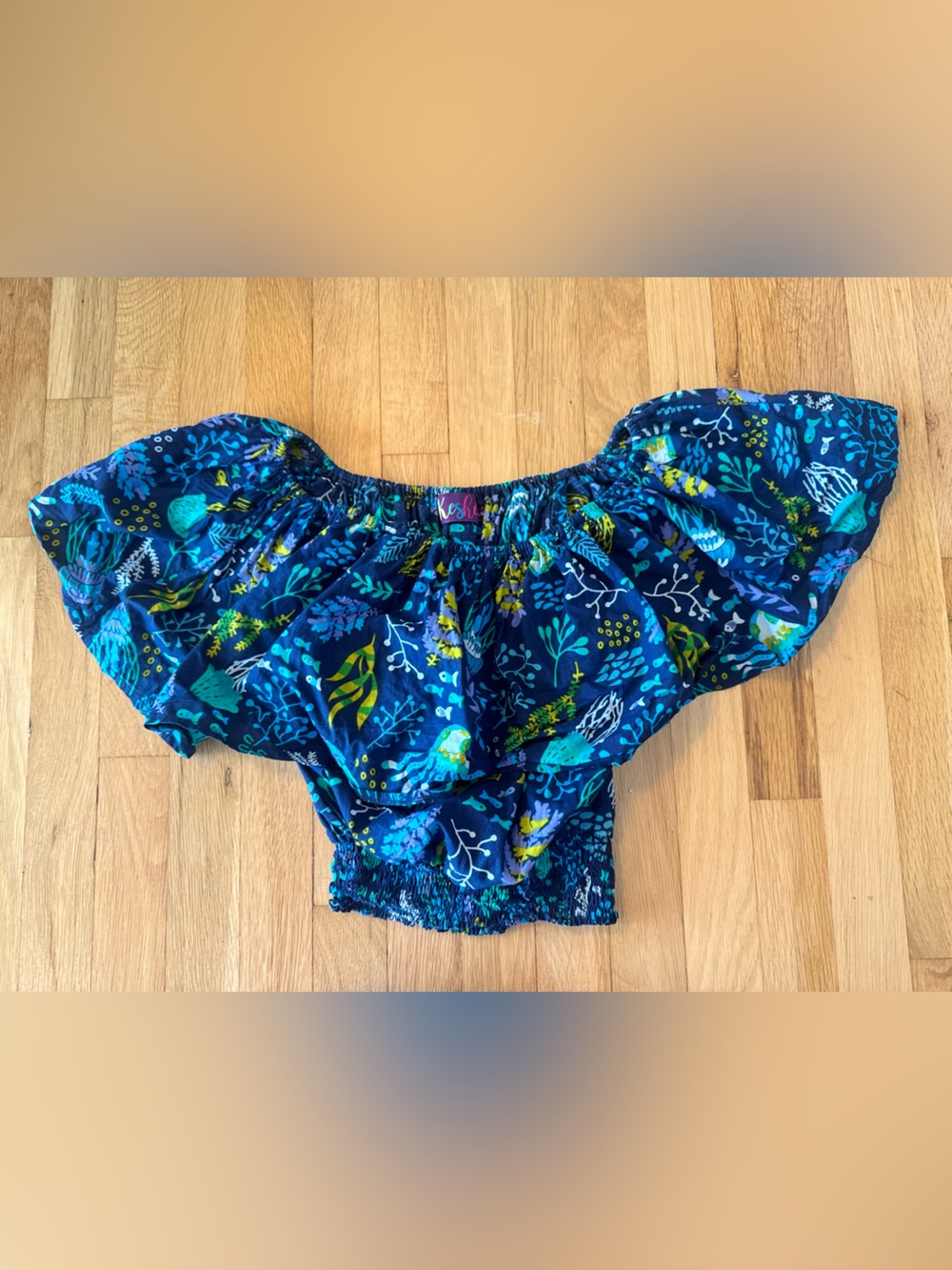 Keshet Australia Off-the-Shoulder Marine Life Crop Top in Navy Blue